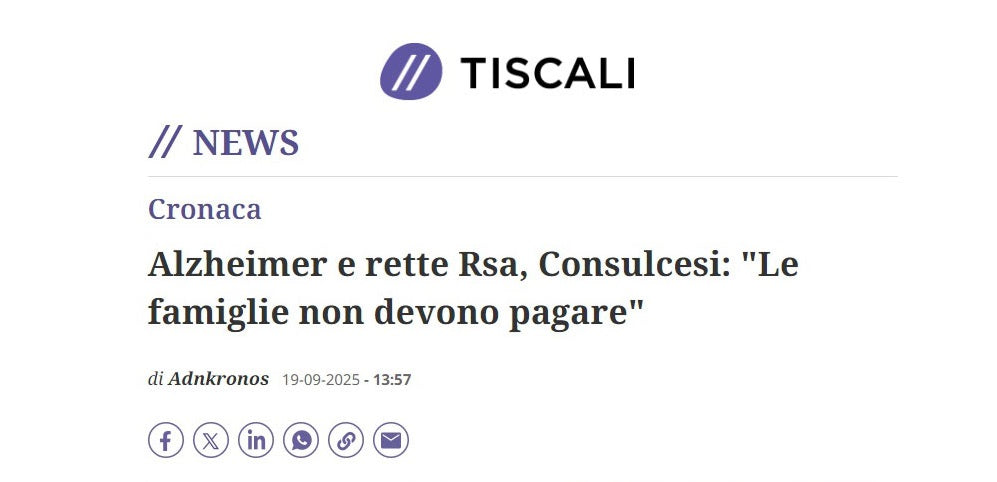 Alzheimer e rette Rsa, Consulcesi & Partners: “Le famiglie non devono pagare”